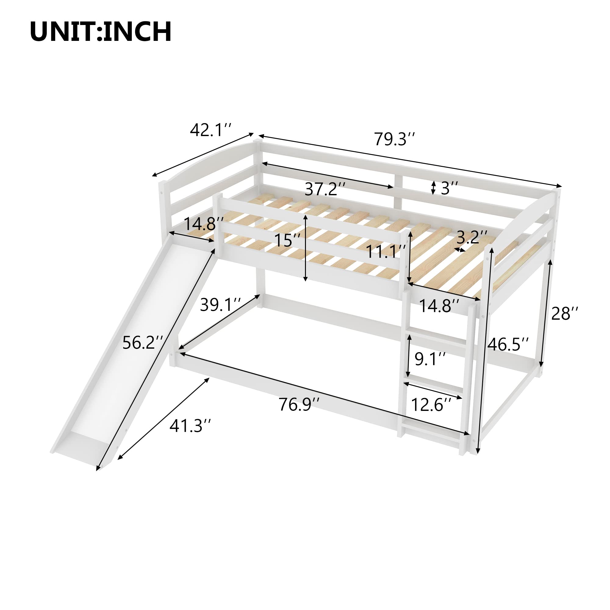 Twin Low Bunk Bed, Solid Wood Twin Over Twin Bunk Bed Frame with Full Guardrails & Integrated Ladder, Floor Twin Bunk Beds for Kids Boys and Girls, No Box Spring Needed(White with Convertible Slide)