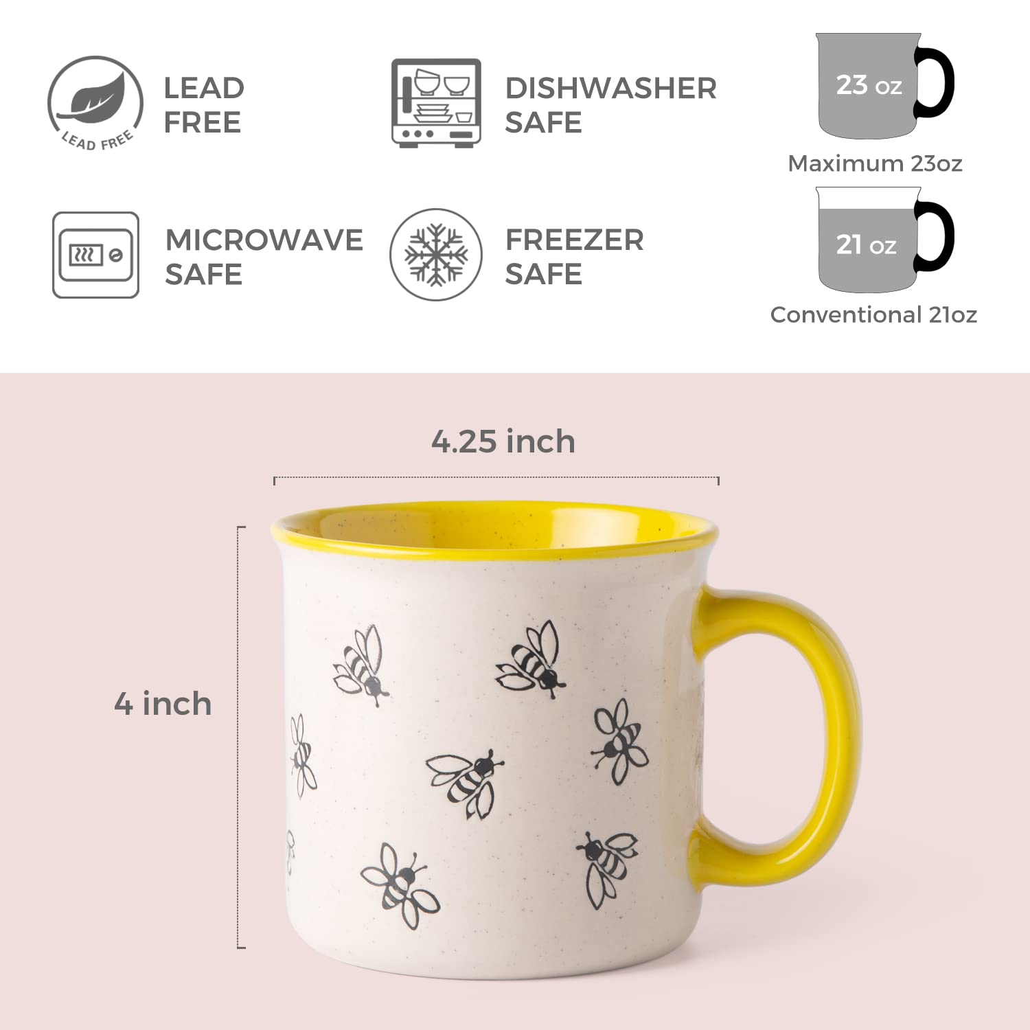 AmorArc 22 OZ Large Ceramic Coffee Mugs, Oversized Soup Cups With Big Handle for Men Women Dad Mom, Big Mug With Textured Bees Patterns for Office & Home -Microwave Safe, 2 Pcs