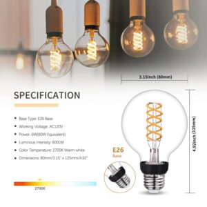 Austin Coast G25 LED Globe Edison Light Bulbs, Vintage Dimmable LED Filament Light Bulb E26, 6W Equivalent to 60W,2700K Warm White, G25 Glass Edison Style for Bathroom Makeup Mirror 6 Pack