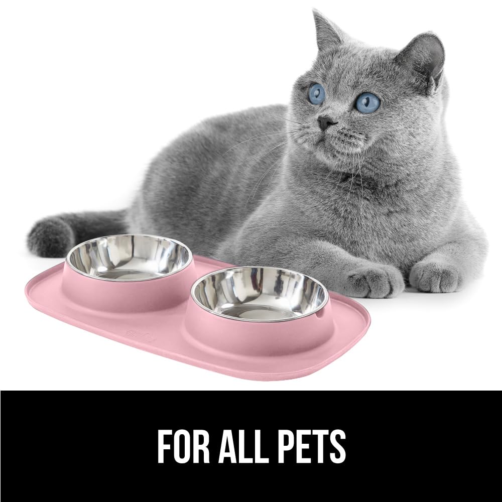 Gorilla Grip 100% Waterproof BPA Free Cat and Dog Bowls Silicone Feeding Mat Set, Stainless Steel Bowl Slip Resistant Raised Edges, Catch Water, Food Mess, No Spills, Pet Accessories, 2 Cup, Pink