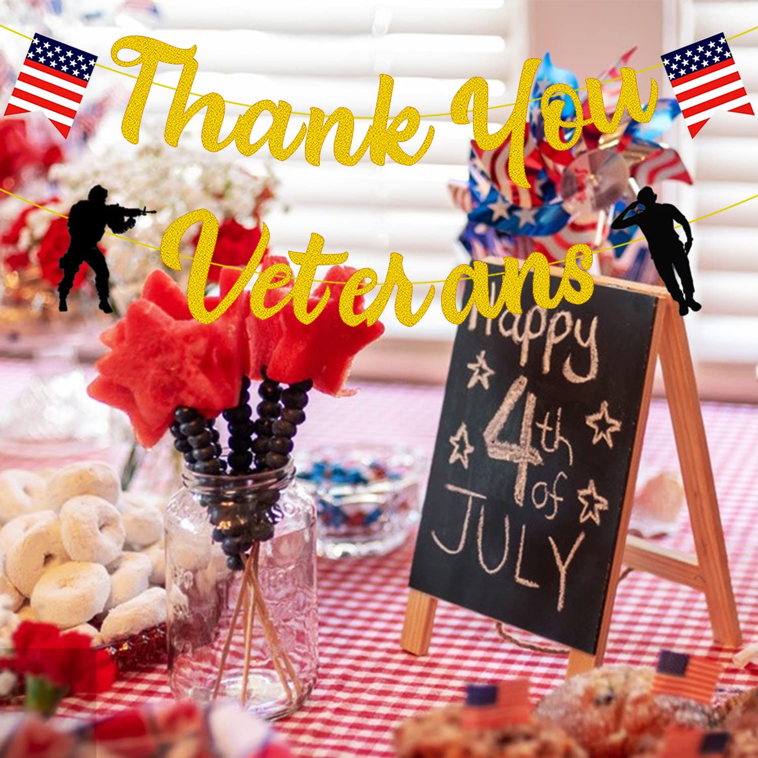 4th of July Independence Day Party Decorations, Gold Glitter Thank You Veterans Banner, American Veterans Day Party Decorations, 4th of July Patriotic Theme Party Decorations