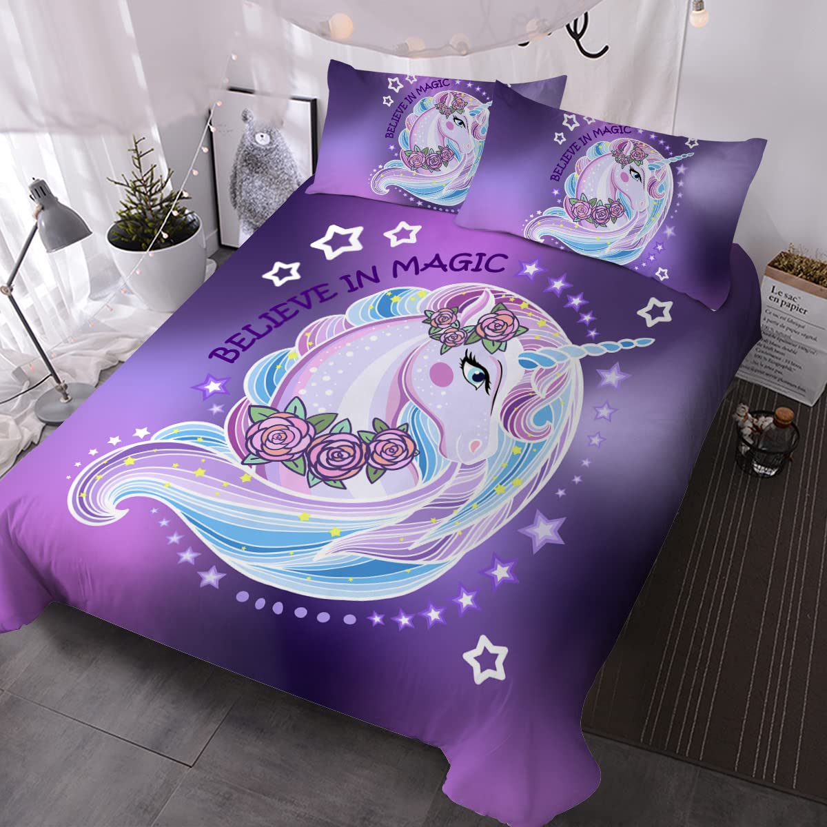 BlessLiving King Unicorn Bedding Set Purple Unicorn Bed Set 3 Piece Soft Girl Comforter Cover, Cartoon Unicorn Bedspreads Kids, Teens and Women, King Size