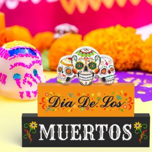 3 Pieces Day of The Dead Decorations Dia De Los Muertos Wooden Blocks Sugar Skull Wooden Sign Day of The Dead Table Centerpiece Decor for Mexican Day of The Dead Decor and Halloween Home Decorations