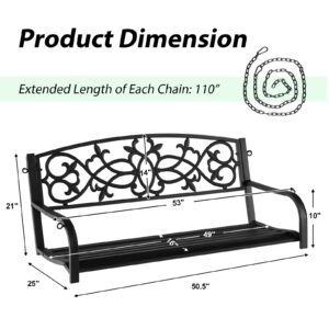 Giantex Patio Metal Porch Swing, 2-Person Hanging Porch Swing Bench with Sturdy Chains & Retro Pattern Backrest, 485 Lbs Weight Capacity Loveseat for Garden, Yard, Front, Outdoor Swing Chairs (Black)