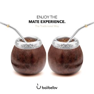 BALIBETOV Yerba Mate Gourd Set (Original Natural Handmade Yerba Mate Cup Argentina) - Includes Mate Tea Cup, Bombilla (Yerba Mate Straw) and Clean Brush - Classic Mate Cup and Bombilla Set (BROWN X2)