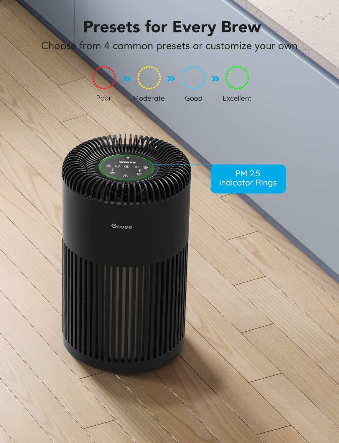 Govee Air Purifiers for Home Large Room Up to 1524 Sq.Ft, WiFi Smart Air Purifier with PM2.5 Monitor for Wildfire, H13 True HEPA Air Purifier for 99.97% Smoke, Pet Hair, Odors, 24dB Large Air Purifier