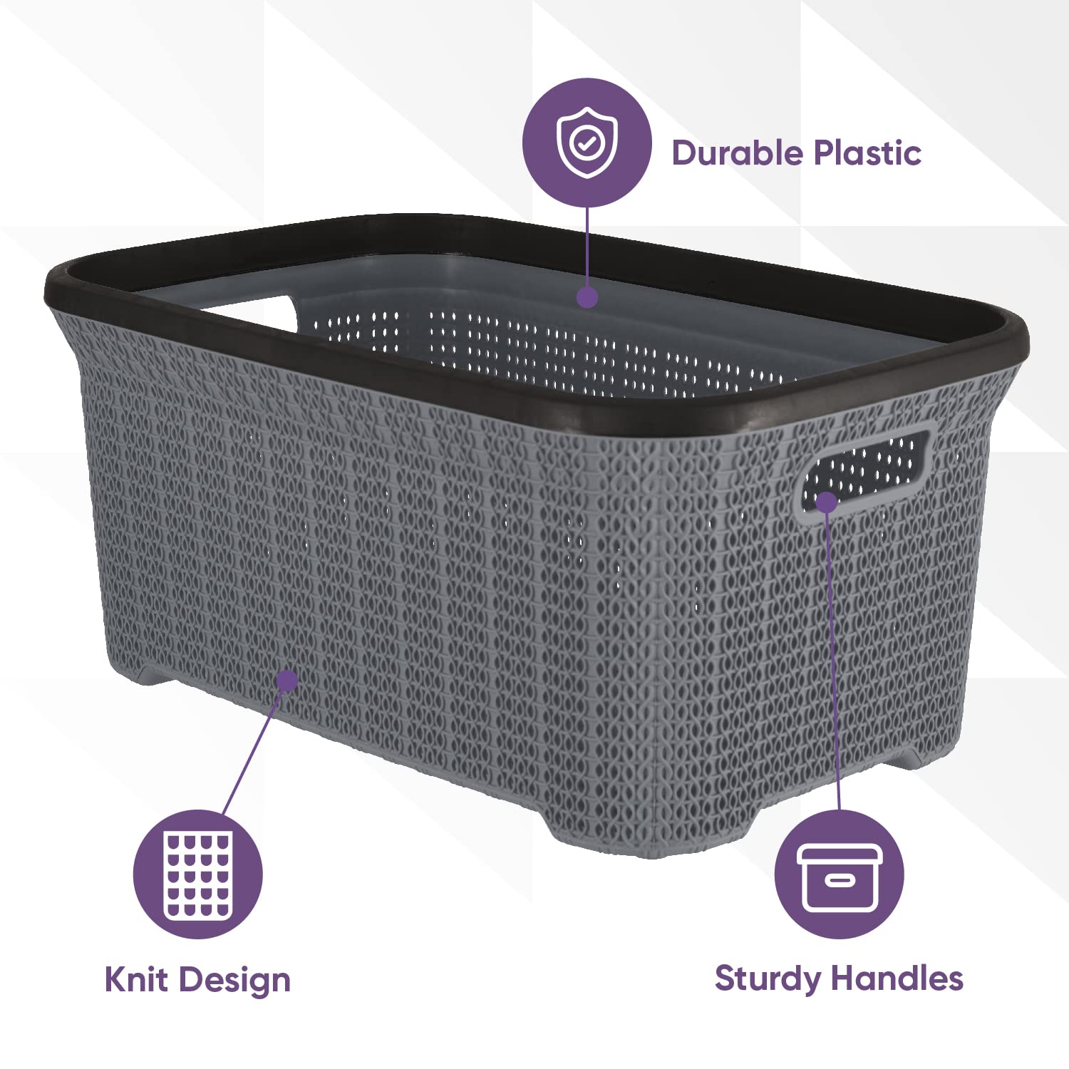 Plastic Laundry Basket Designed Small Storage Hamper Basket, 4 Pack Grey Cloths Basket Organizer with Cut-out Handles. Space Saving for Laundry Room Bedroom Bathroom, Knit Design 40 Liter.