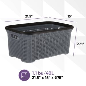 Plastic Laundry Basket Designed Small Storage Hamper Basket, 4 Pack Grey Cloths Basket Organizer with Cut-out Handles. Space Saving for Laundry Room Bedroom Bathroom, Knit Design 40 Liter.