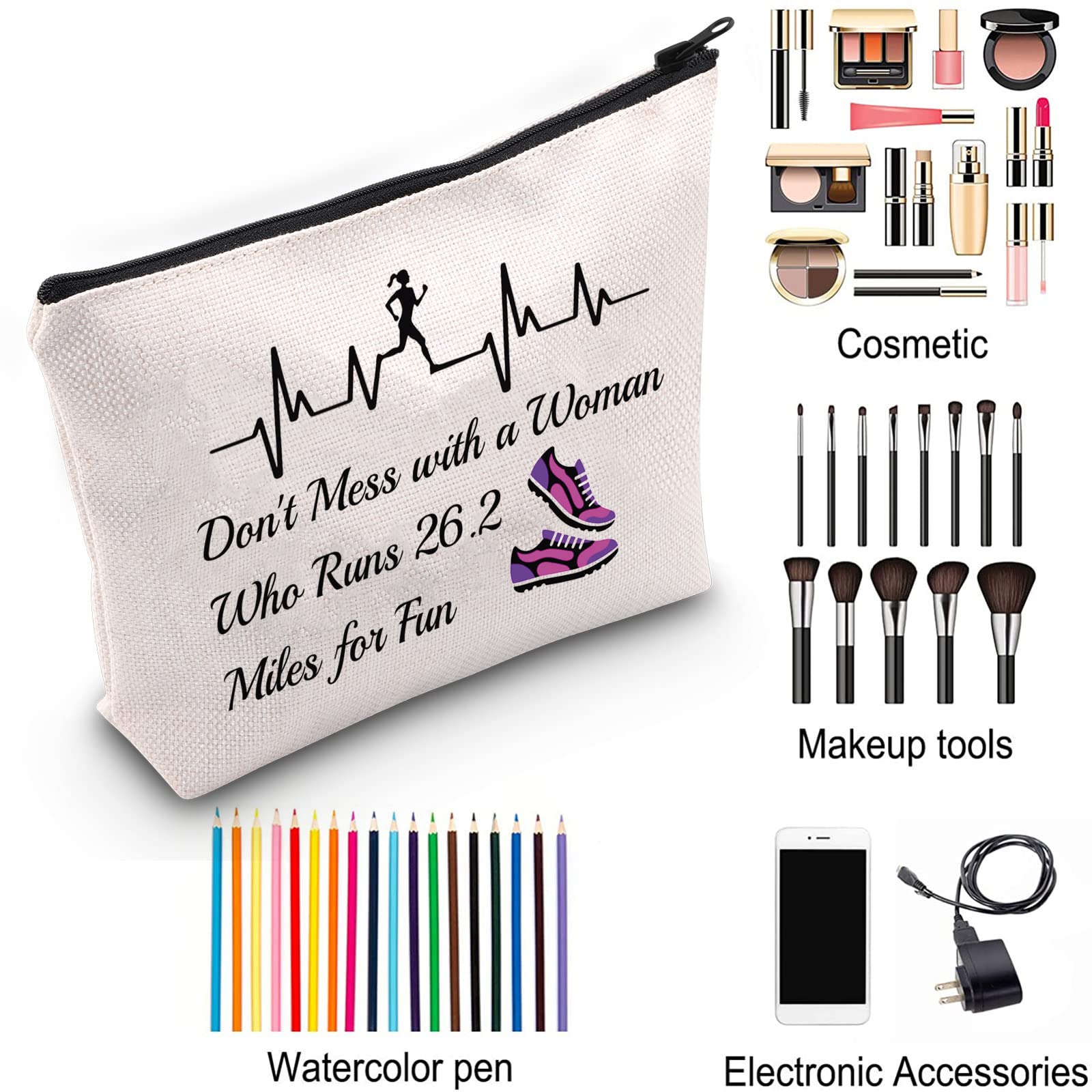 ZJXHPO Running Woman Marathon Cosmetic Bag Don't Mess With A Woman Who Runs 26.2 Miles For Fun Makeup Bag With Zipper Runner Gift (26.2 Miles)