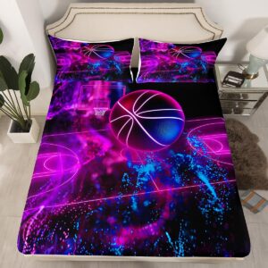 Castle Fairy Cool Basketball Flat Sheet Full Size,Neon Gradient Tie-dye Red Glowing Light Decor Modern Style Bed Sheet Set for Boys Girls Teens,Ball Game Sports Hobby Activity Bed Sheet Set 4 Piece