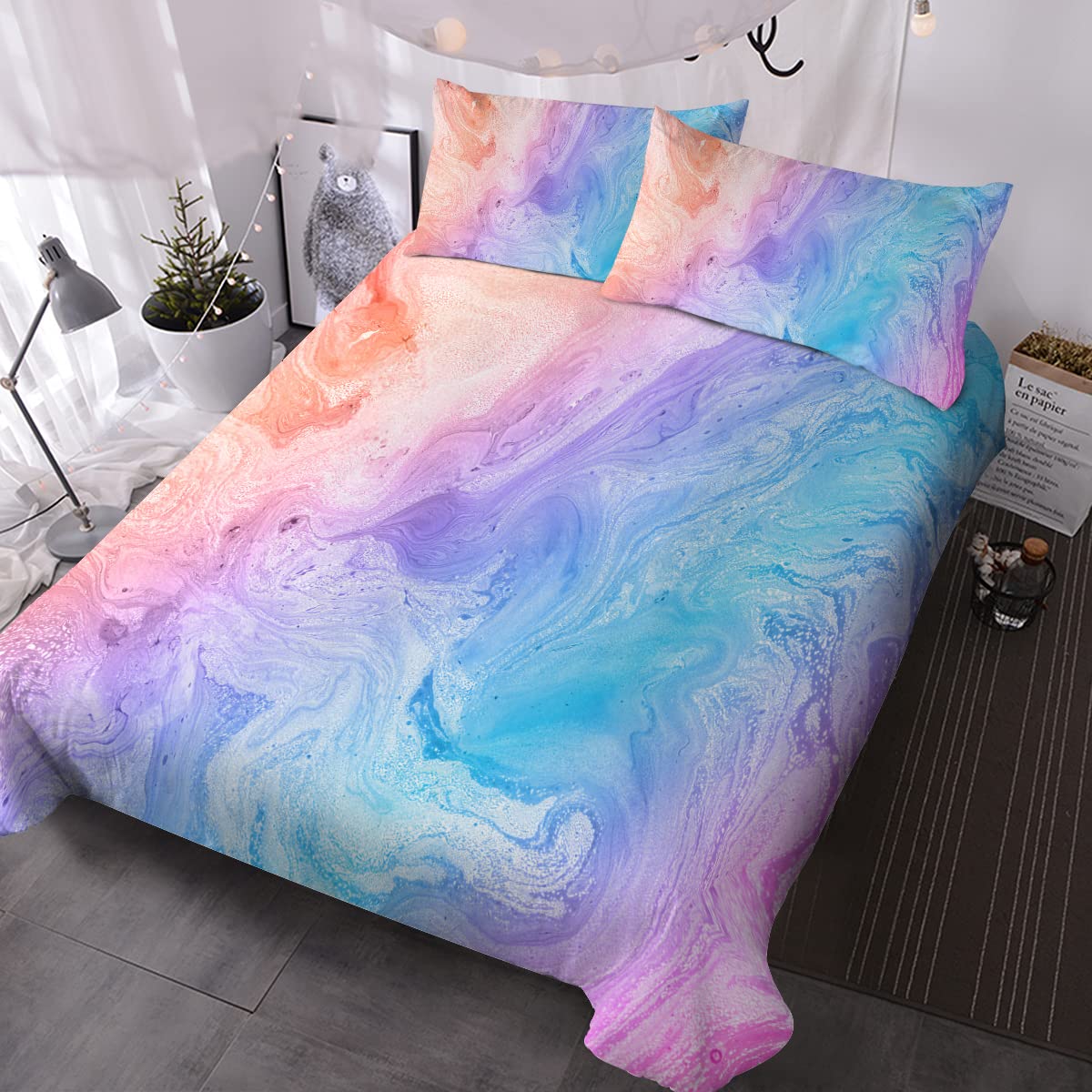 BlessLiving King Bed Sets for Girls Pastel Duvet Cover Set 3-Piece Ombre Bedding Cute Marble Pattern for Kids Teens, Pastel Pink Blue and Purple, 1 Duvet Cover & 2 Pillowcase (King)