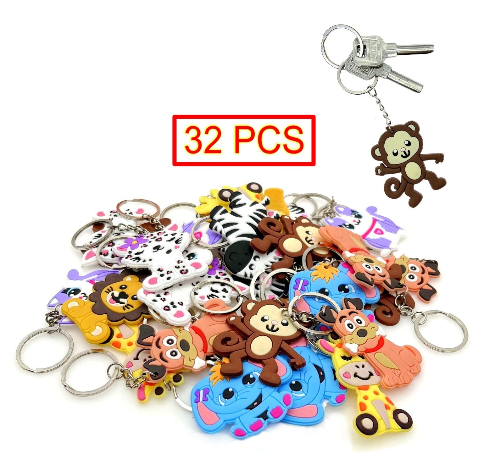 JZK 32 Pcs Animal keyring set for kids, Silicone animal keychains for children birthday party favours, kids party bag fillers, kids party thankyou gift graduation gifts