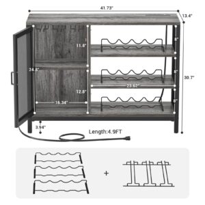 Homieasy Wine Bar Cabinet with Power Outlets, Industrial Bar Cabinets for Liquor and Glasses, Farmhouse Mini Coffee Bar Liquor Cabinet Bar for Home with Removable Wine Racks, Balck Oak