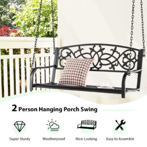 Giantex Patio Metal Porch Swing, 2-Person Hanging Porch Swing Bench with Sturdy Chains & Retro Pattern Backrest, 485 Lbs Weight Capacity Loveseat for Garden, Yard, Front, Outdoor Swing Chairs (Black)