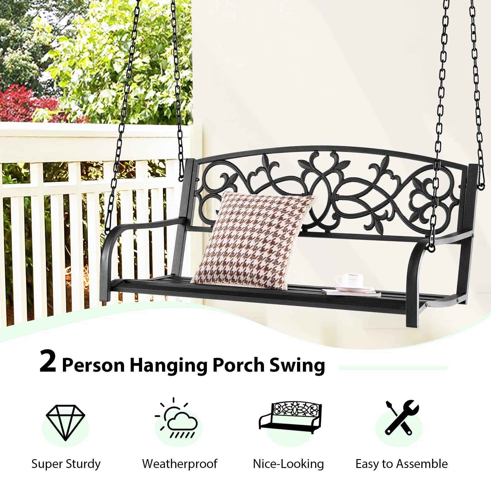 Giantex Patio Metal Porch Swing, 2-Person Hanging Porch Swing Bench with Sturdy Chains & Retro Pattern Backrest, 485 Lbs Weight Capacity Loveseat for Garden, Yard, Front, Outdoor Swing Chairs (Black)