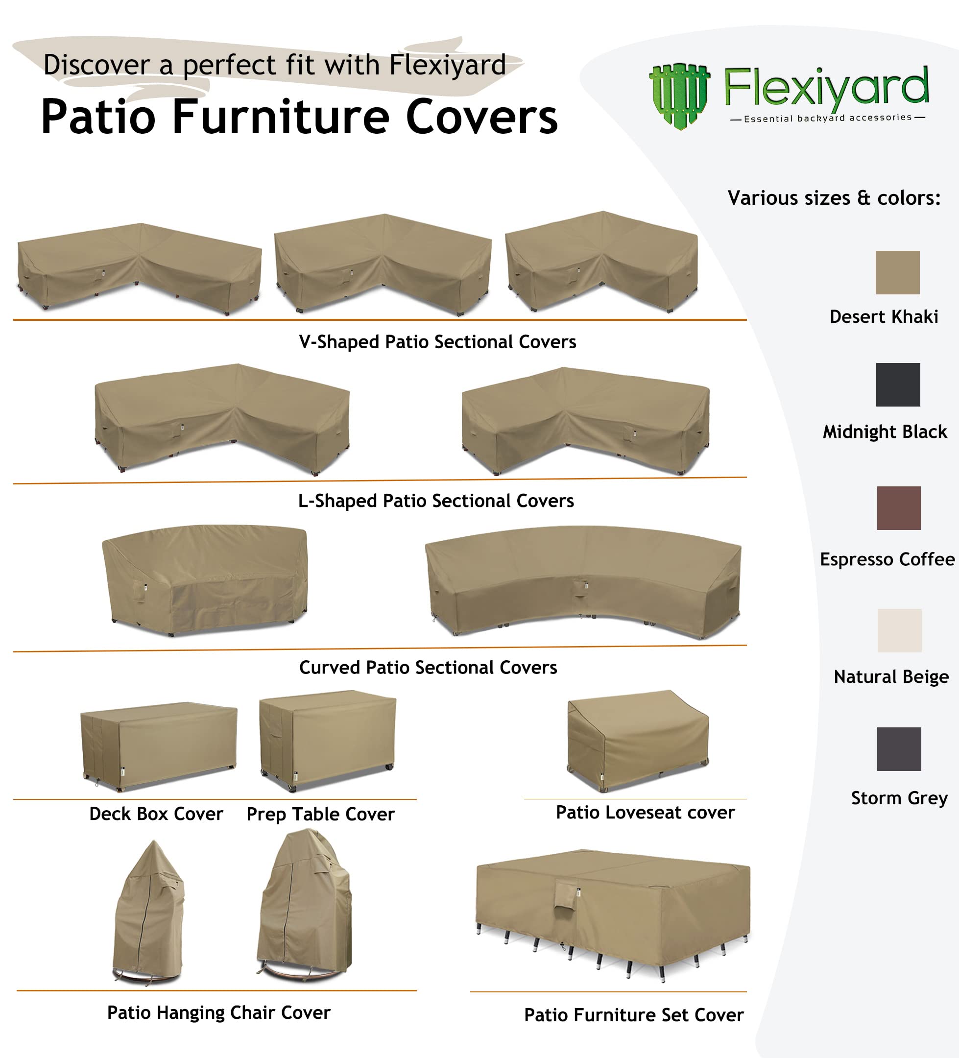 Flexiyard Heavy Duty Outdoor Sectional Sofa Cover, Waterproof 600D Patio Sectional Couch Cover, Lawn Patio Furniture Cover (Midnight Black, V-Shaped-90 x 90")