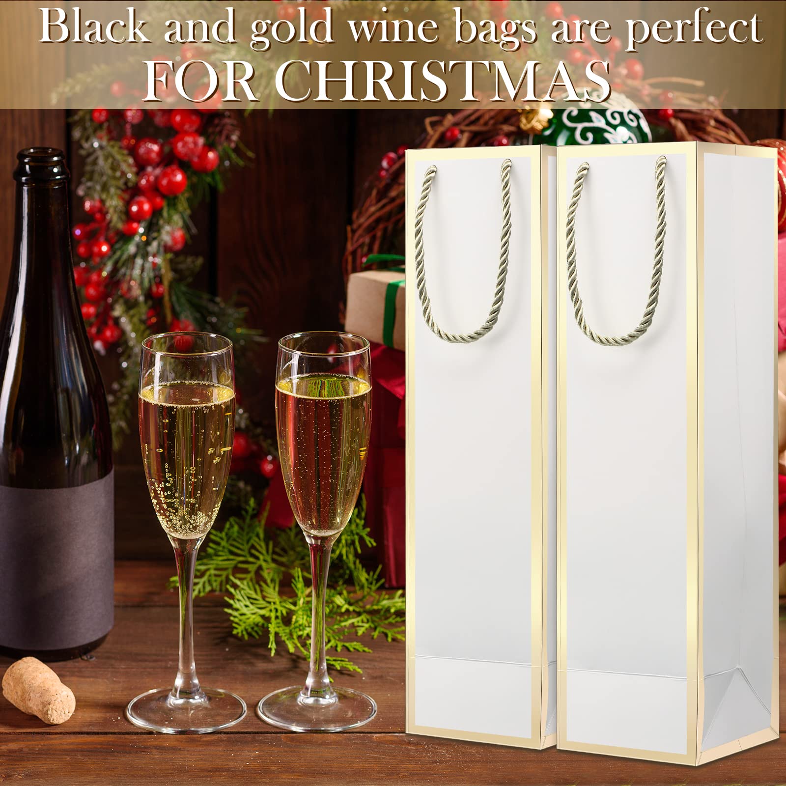 50 Pack Wine Bags Wine Bottles Gift Bags with Handles 13.8x3.8x3.8 Inch Reusable Liquor Bags with Gold Foil Print Kraft Bags Paper Wine Bottle Bag Gift for Birthday Party Wedding Bridal Shower (Black)