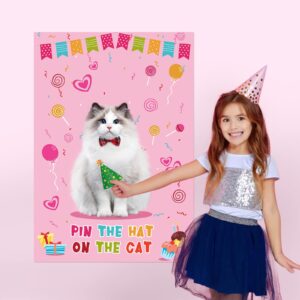 Pin The Hat On The Cat Party Game Cat Birthday Party Games for Kids, Cat Birthday Party Supplies Decorations for Girls Boys, Large Cat Poster with 54 Hat Stickers