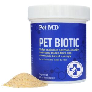 pet md biotic probiotics for dogs & cats - prebiotic, fiber, & probiotic powder - gas, constipation relief, & anti diarrhea - balance digestive flora & restore gut health for dogs & cats - 2.12 oz