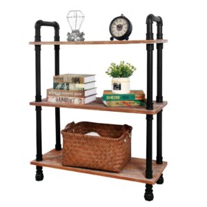 houseaid 3 tier industrial pipe etagere bookcase, rustic farmhouse standing shelf, real pine wood open shelves for living room, bathroom and kitchen, wall mounted, matte black (39.4”×31.5”×11.8”)