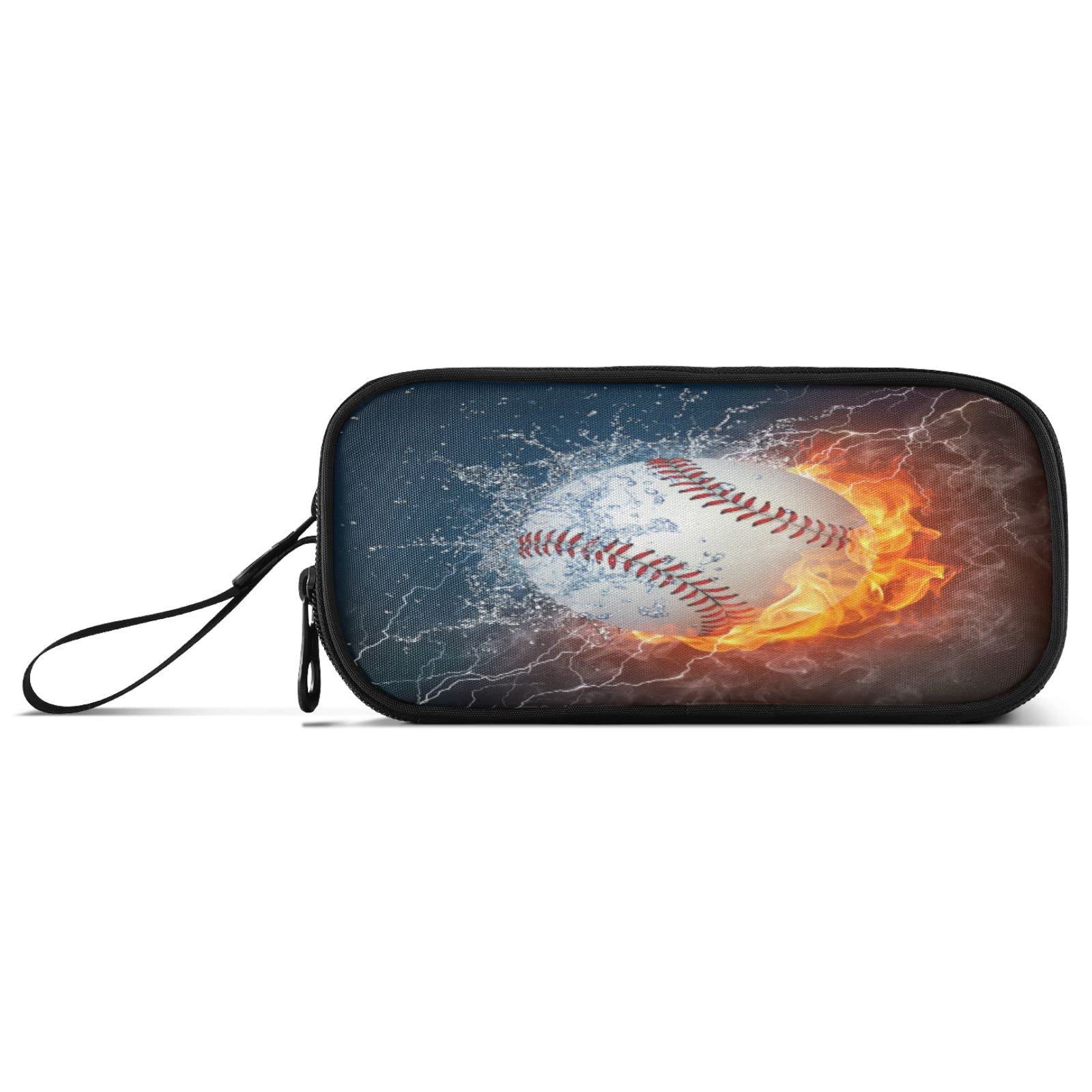 Baseball Ball in Fire and Water Pencil Case 3 Compartment Pen Bag Pouch Holder Box School Portable Stationery Storage Bag for Girls Boys