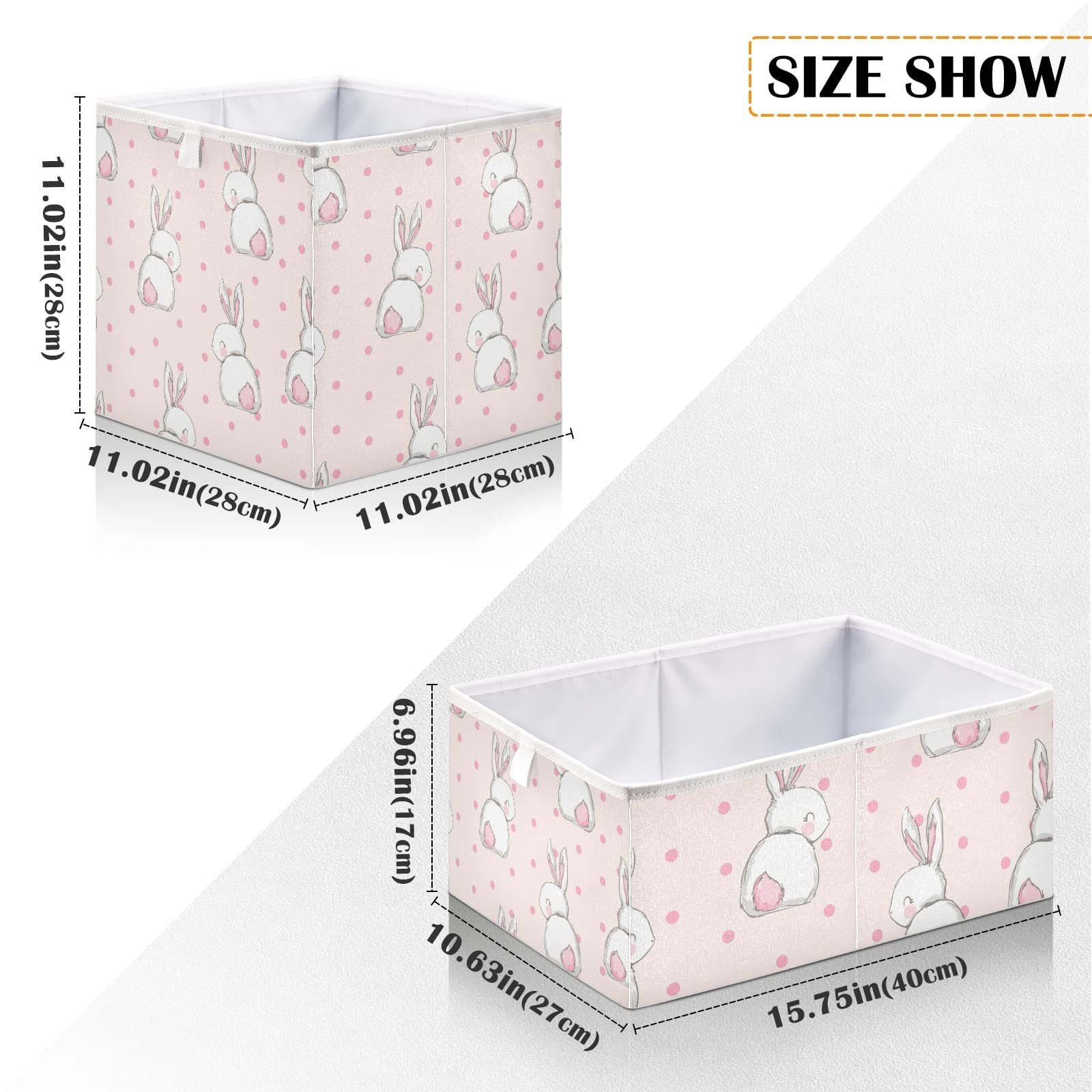 Oyihfvs Hand Drawn White Rabbits Back with Pink Tail on Pink Polka Dots Square Foldable Cube Storage Basket Collapsible Fabric with Handles Bag Organizer Clothes for Home Bedroom 11 x 11 x 11 in