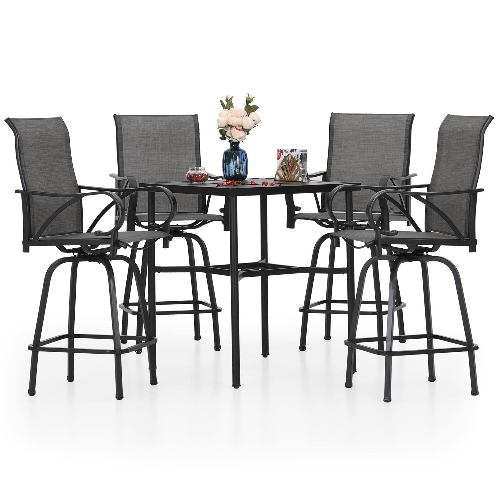 PHI VILLA 5 Piece Bar Height Patio Dining Set, Outdoor Table Chair Bar Set for 4 with Outdoor Swivel Bar Stool Chair and Large Metal Bar Table