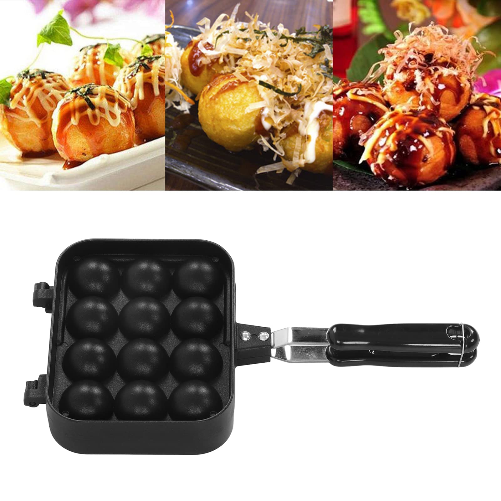 FOUF Takoyaki Grill Pan, 12 Holes Cast Iron Pan and Takoyaki Maker, Mini Pancake Mold, Cake Pop Pan Easy and Simple to Operate Electric Machine to Make Japanese Takoyaki Octopus Ball, Black