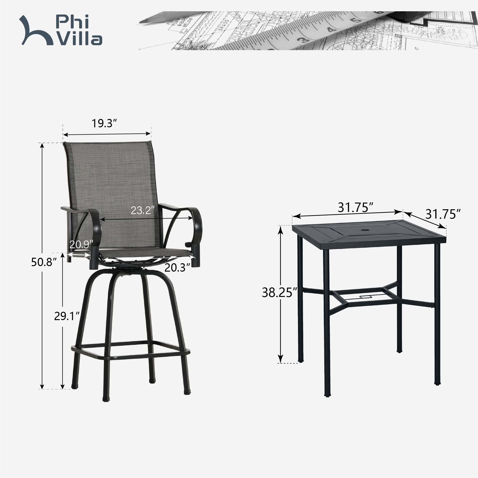 PHI VILLA 5 Piece Bar Height Patio Dining Set, Outdoor Table Chair Bar Set for 4 with Outdoor Swivel Bar Stool Chair and Large Metal Bar Table