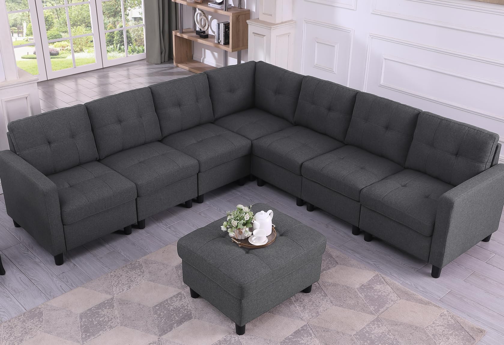 asunflower Modular Fabric Sectional Sofa Ottoman Set, L Shape Sofa Couch with Console, Cup Holder, Charging Ports Convertible Sectional Couch for Living Room Apartment