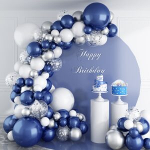 144pcs navy blue silver balloons garland kit, 18 12 10 5 inch blue white balloons and silver confetti balloon garland, navy silver white balloons for graduation birthday baby shower wedding party