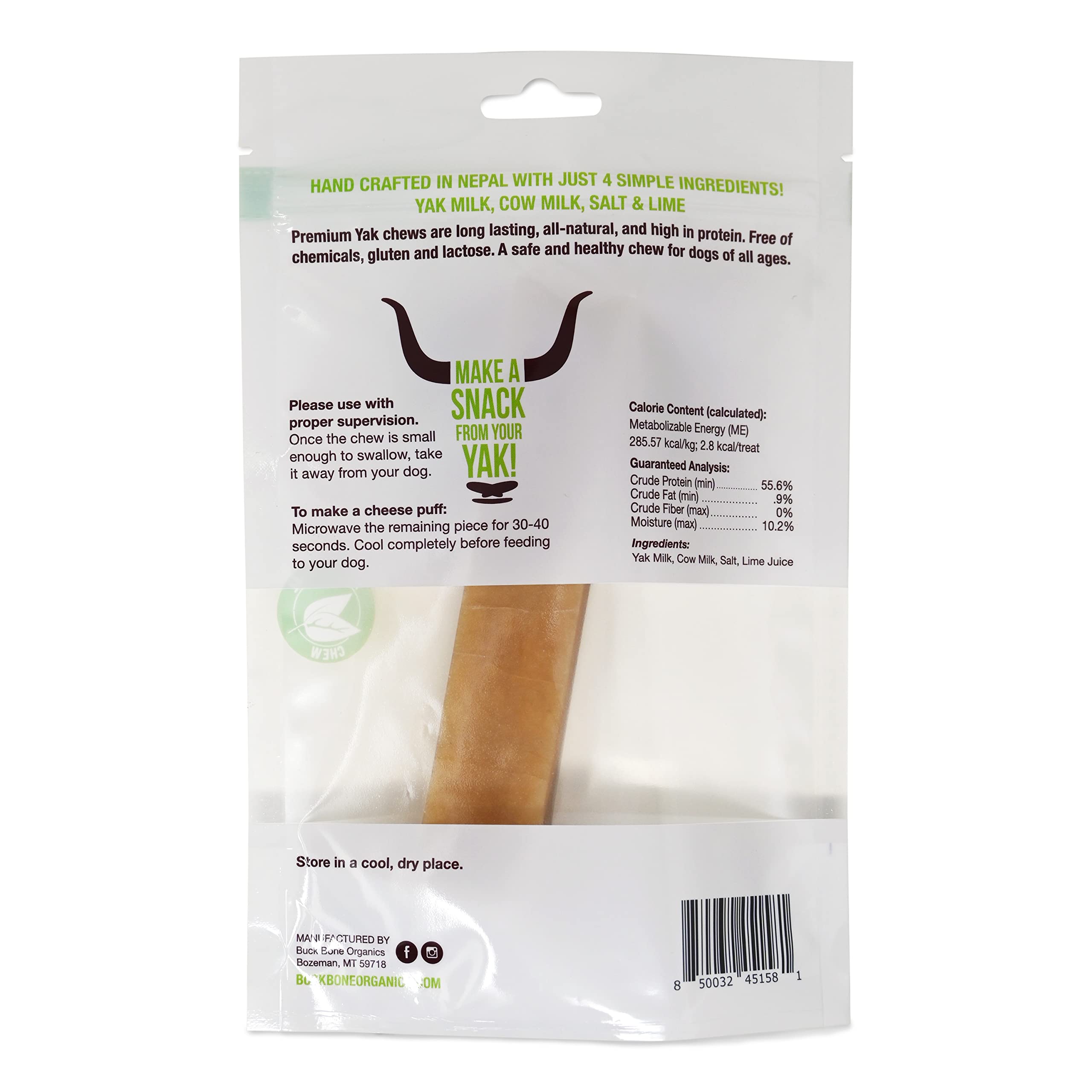 Buck Bone Organics Yak Cheese Chews for Dogs, All Natural Himalayan Yak Chew, Long Lasting Pet Treats, Odor Free, with Limited Ingredients (1 Large Stick)