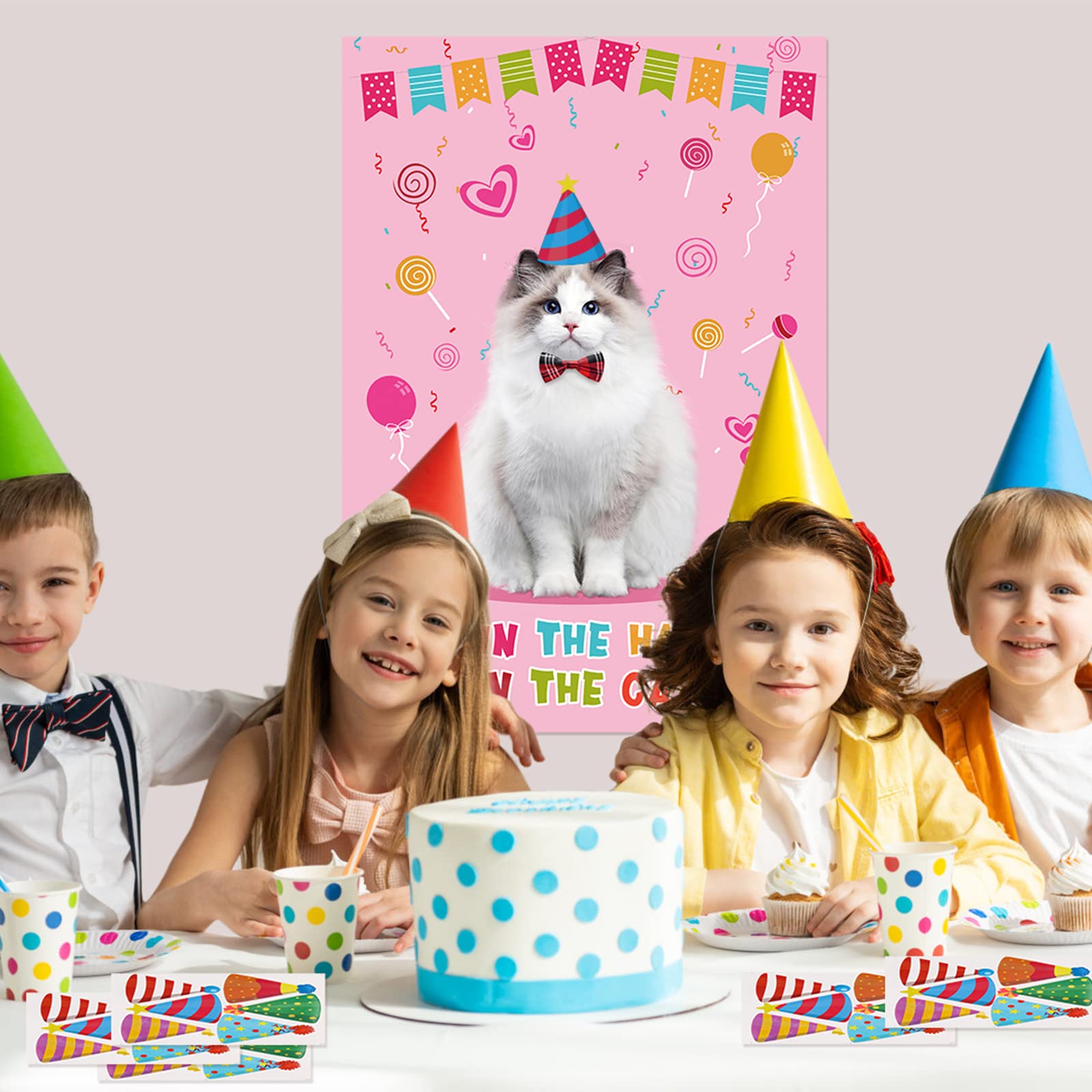 Pin The Hat On The Cat Party Game Cat Birthday Party Games for Kids, Cat Birthday Party Supplies Decorations for Girls Boys, Large Cat Poster with 54 Hat Stickers