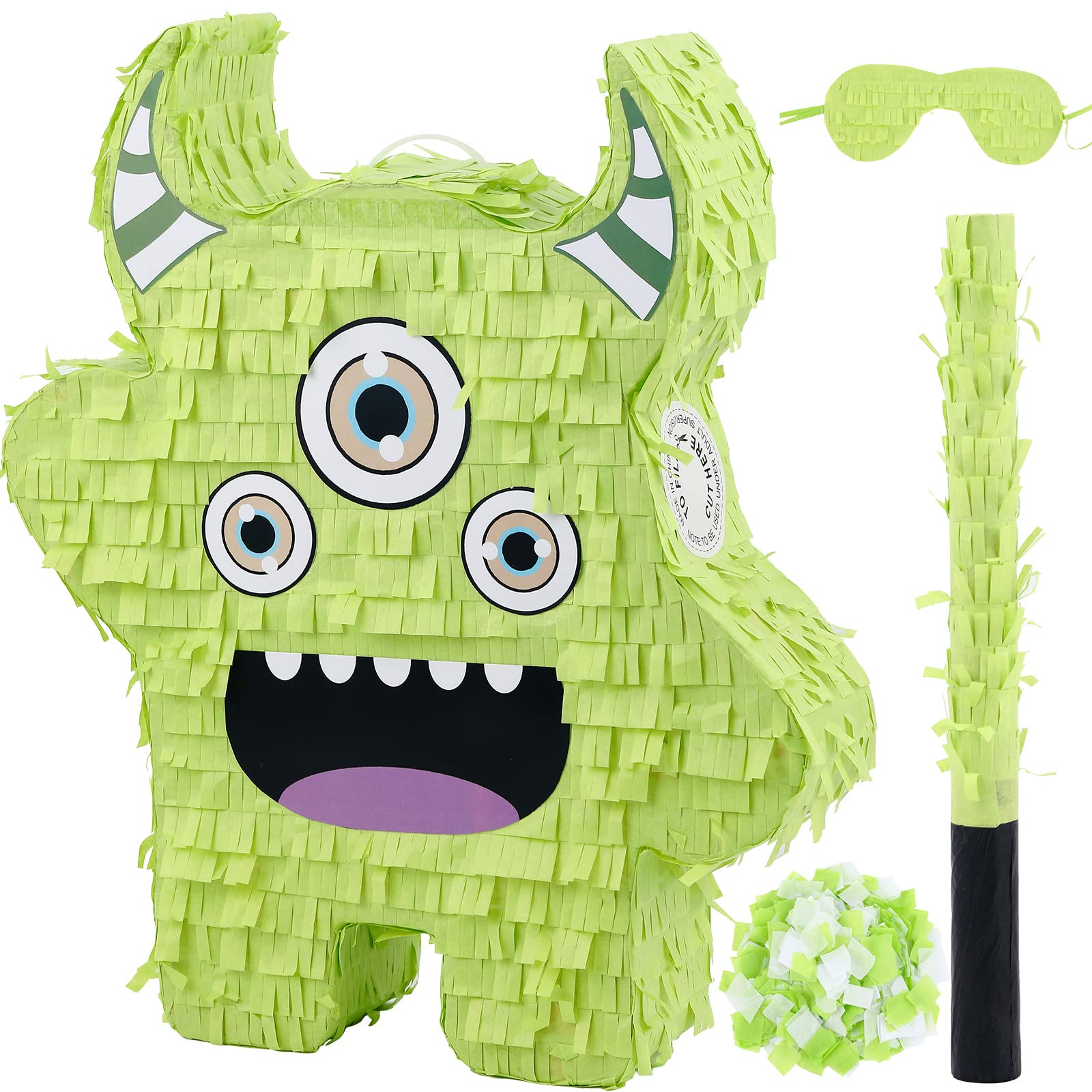 Halloween Piñata Set with Blindfold Piñata Stick and Confetti Funny Party Favors Green Devil Shape Bash Piñata for Kids Halloween Birthday Party Decoration Supplies, Baby Shower, 15.75 x 9.06 Inches