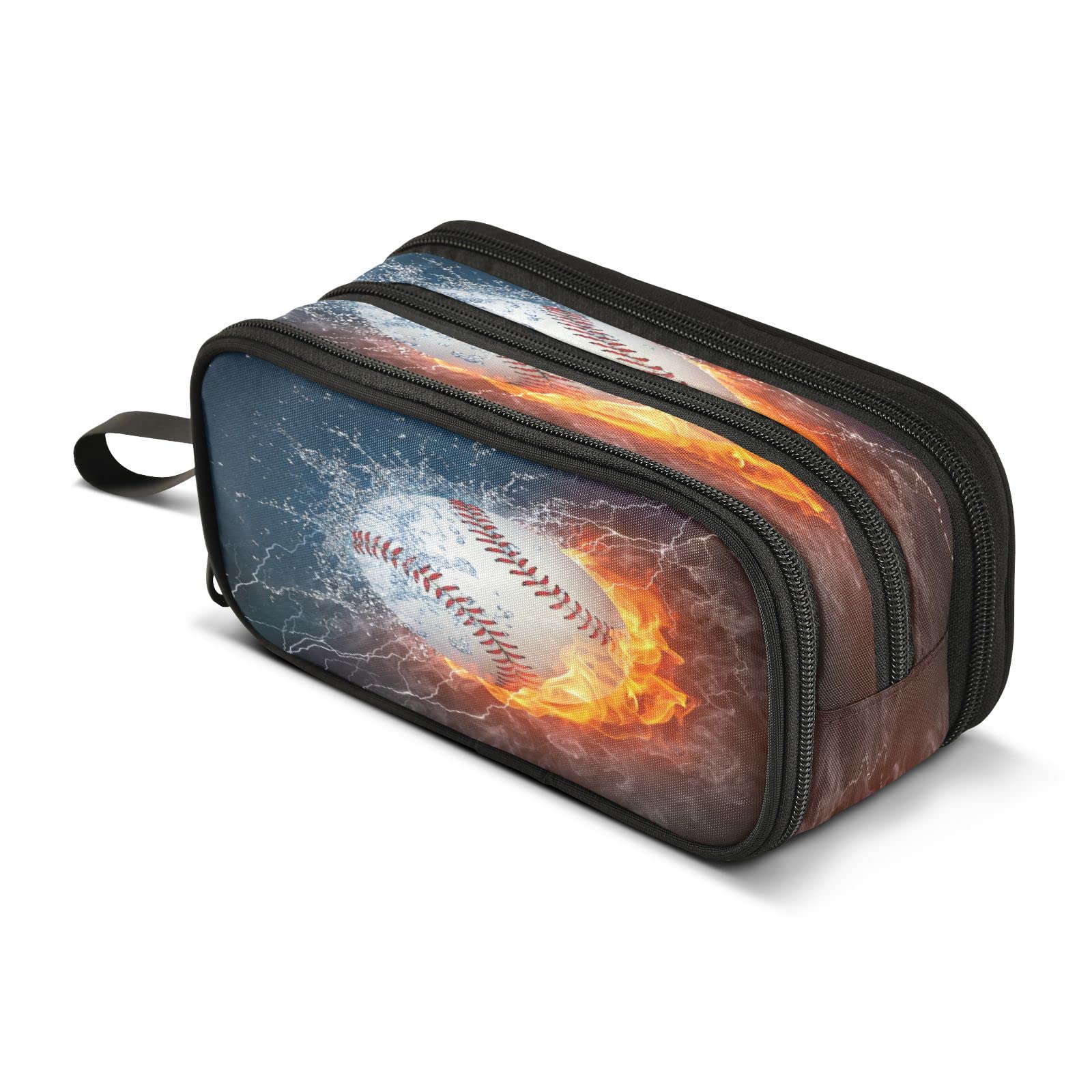 Baseball Ball in Fire and Water Pencil Case 3 Compartment Pen Bag Pouch Holder Box School Portable Stationery Storage Bag for Girls Boys