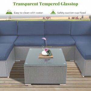 Crownland Patio Furniture Grey Wicker Square Outdoor Coffee Tables with Square Glass Top for Garden, Pool, Backyard