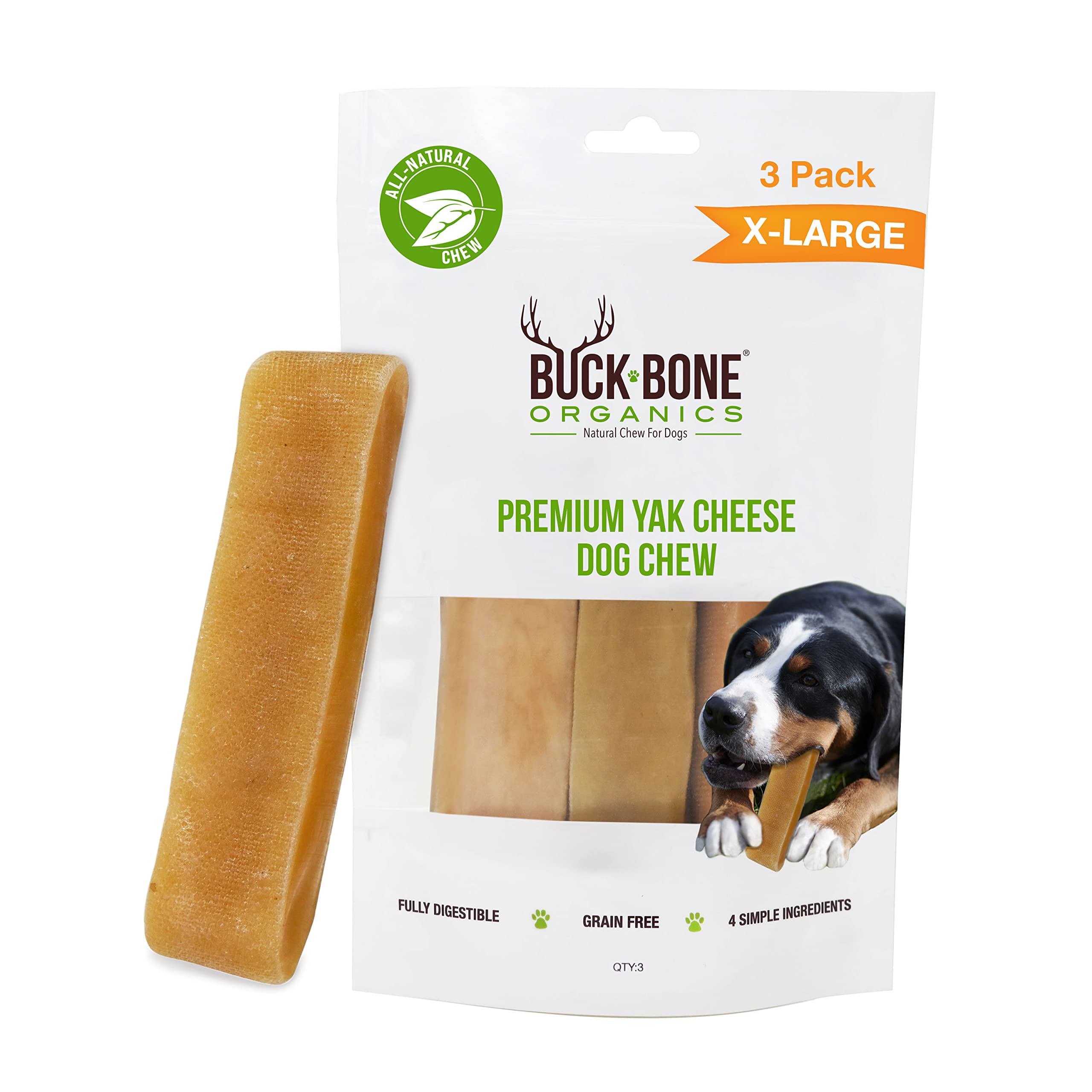 Buck Bone Organics Yak Cheese Chews for Dogs, All Natural Himalayan Yak Chew, Long Lasting Pet Treats, Odor Free, with Limited Ingredients (3 Ex Large Sticks)