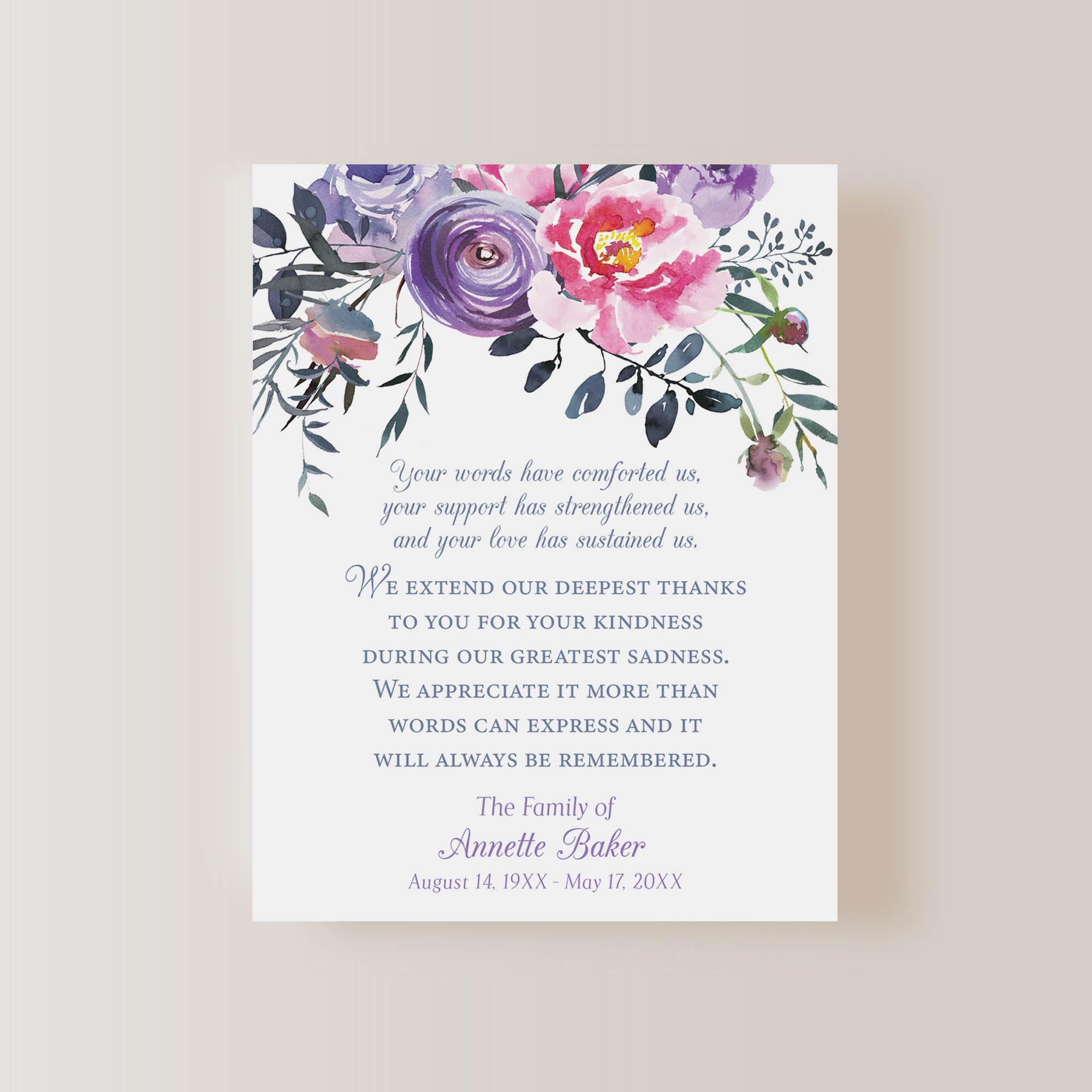 Hello Love Goods Pink and Purple Floral Funeral Thank You Cards, Sympathy Acknowledgement Cards, 4.25x5.5 Flat Bereavement Notecards with Envelopes