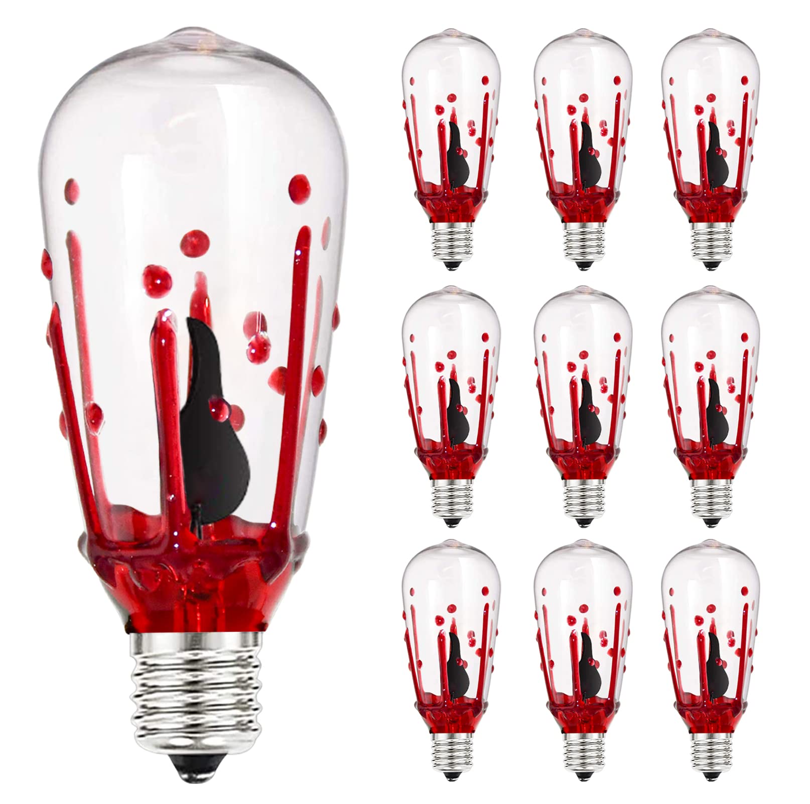 Halloween Flicker Flame Light Bulbs, ST40 Blood Drop Replacement Bulbs Edison Flicker LED Bulbs with Orange Red Flame for Outdoor Halloween String Lights, 1 Watt- E17 Intermediate Base, 10 Pack