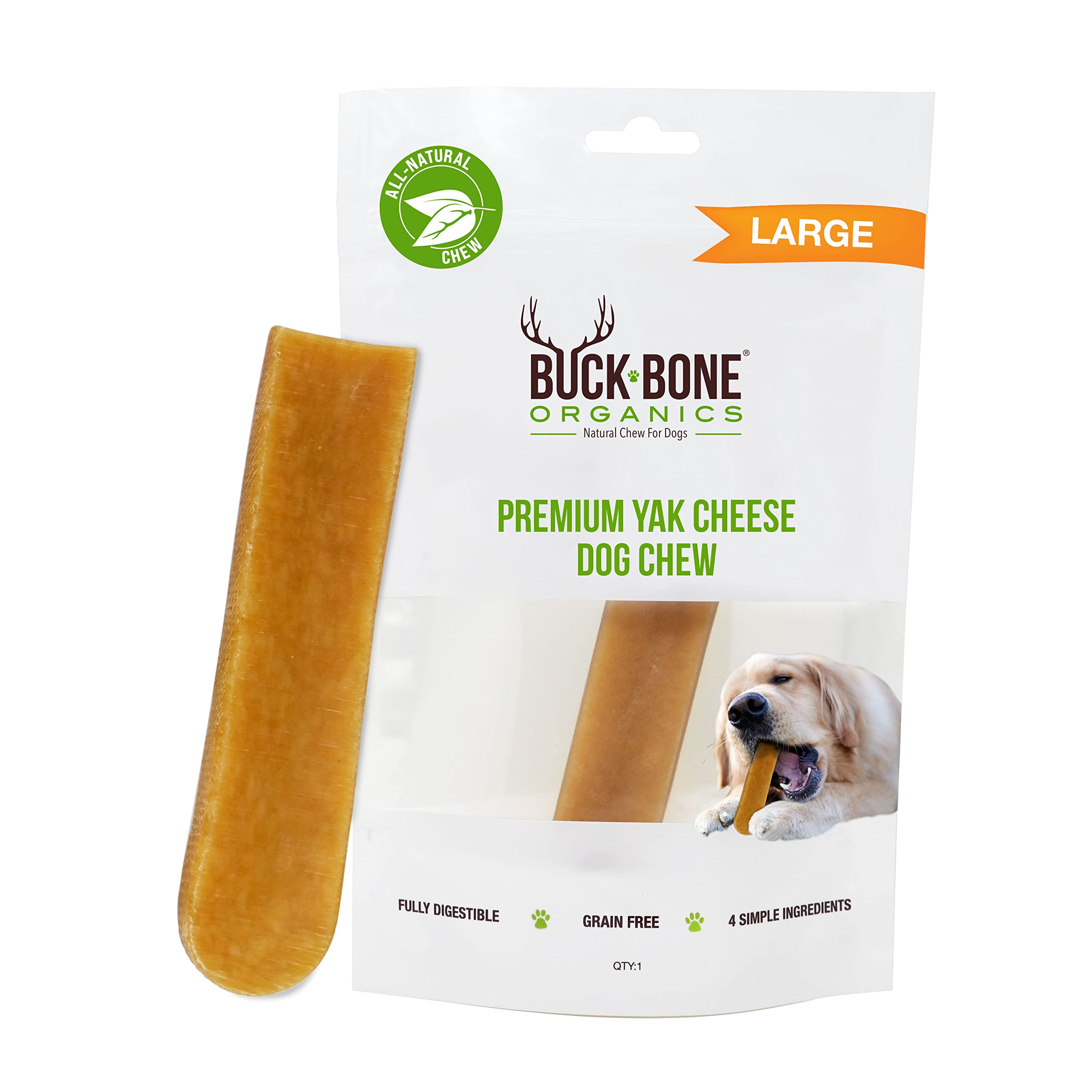 Buck Bone Organics Yak Cheese Chews for Dogs, All Natural Himalayan Yak Chew, Long Lasting Pet Treats, Odor Free, with Limited Ingredients (1 Large Stick)