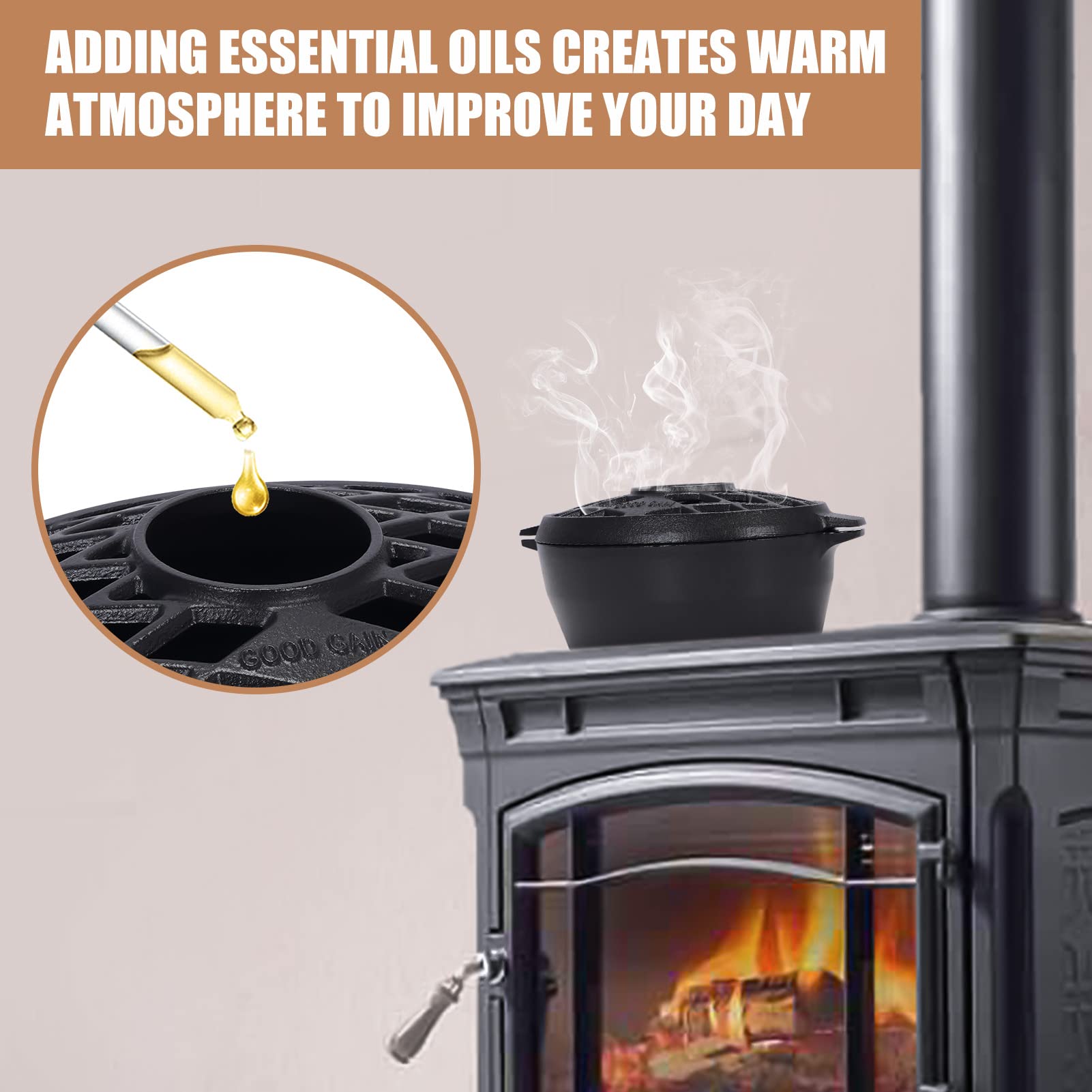 G Good Gain Wood Stove Steamer,Fireplace Humidifier,Cast Iron Humidifier for Stove, Matte Black Finish, Rust Resistant, Lattice Top, 2.5 Quart Capacity,Wood Burning Stove Indoor Decorative