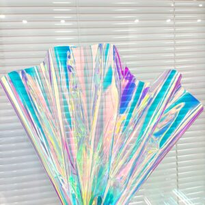 12x53 Inch Iridescent Blue PVC Vinyl Holographic Clear Synthetic Fabric Transparent Laser Rainbow for DIY Patchwork Bags Bows Jewlery Making (XHT-299-L)