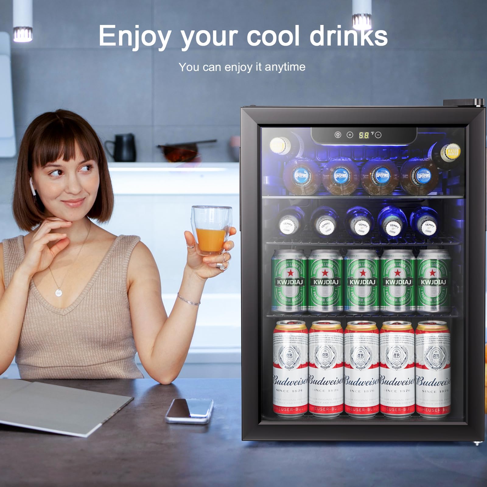 Antarctic Star 2.6cu.ft Mini Fridge 100 Can Beverage Refrigerator Wine Cooler/Cabinet Small Beer Soda Glass Door Counter Top Bar Fridge Freestanding Black