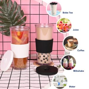 UHAPEER 2 Pack Reusable Boba Tea Cups, 24oz Iced Coffee Cup with Straw and Lid, Leakproof Clear Plastic Cups Tumbler, Double Wall Insulated Smoothie Tumbler, Wide Straw for Bubble Tea, Black and White