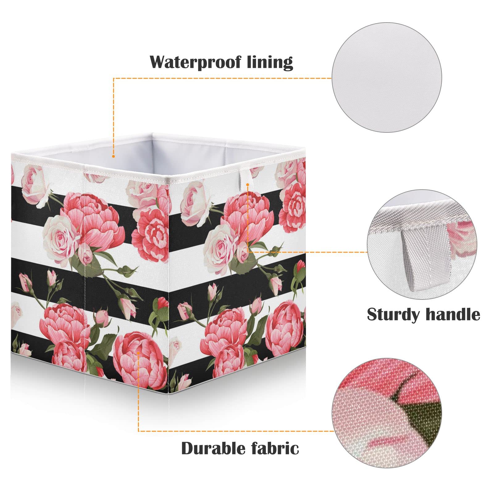 Oyihfvs Floral Peony and Roses Flowers On Black White Stripes Rectangular Collapsible Open Storage Bins, Foldable Toy Nursery Basket Bin Cloth Cube Organizer with Handles for Shelves Closet