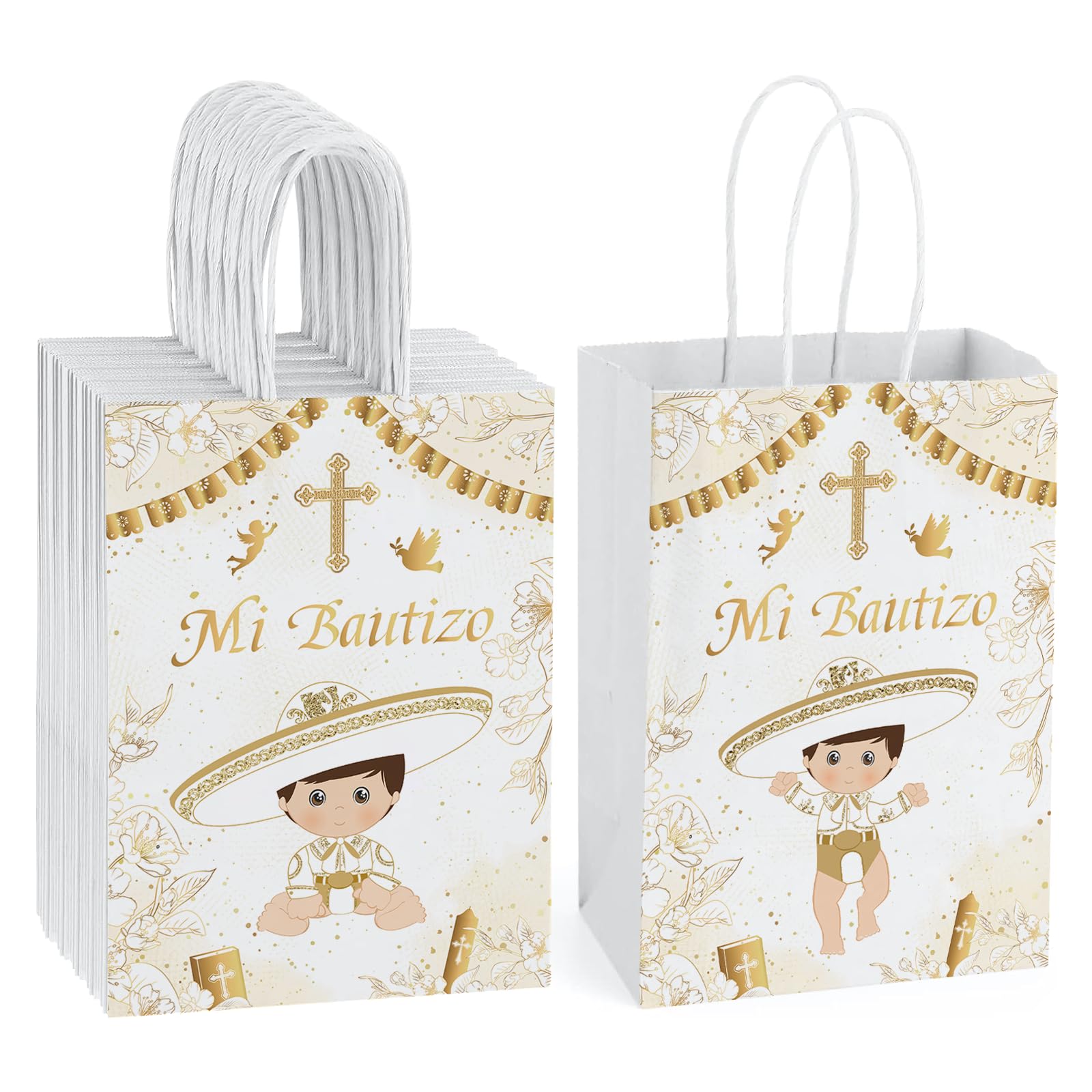 Mi Bautizo Decoration-Gold Mi Bautizo Bags First Communion Favor Bags for Boy God Bless,Baptism Party Decoration, Christening Religious Party Favor Bags Supplies with Handles Thank You Gift Bags