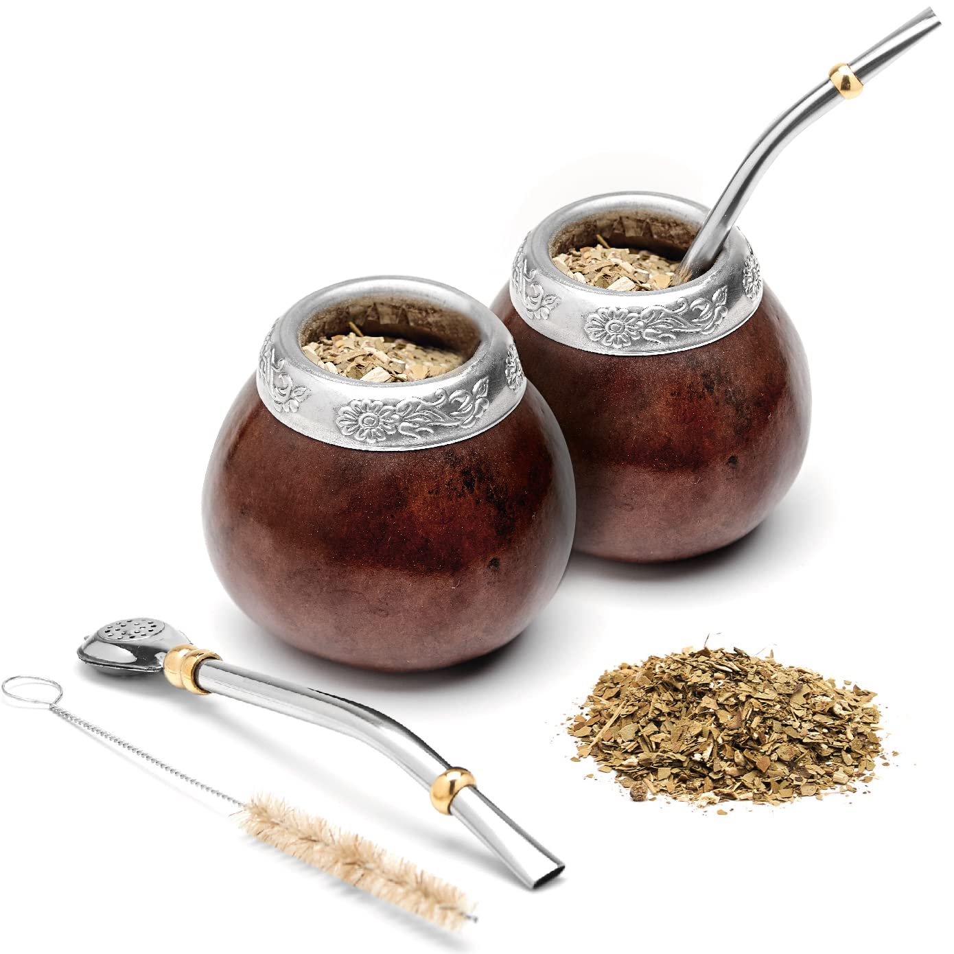 BALIBETOV Yerba Mate Gourd Set (Original Natural Handmade Yerba Mate Cup Argentina) - Includes Mate Tea Cup, Bombilla (Yerba Mate Straw) and Clean Brush - Classic Mate Cup and Bombilla Set (BROWN X2)