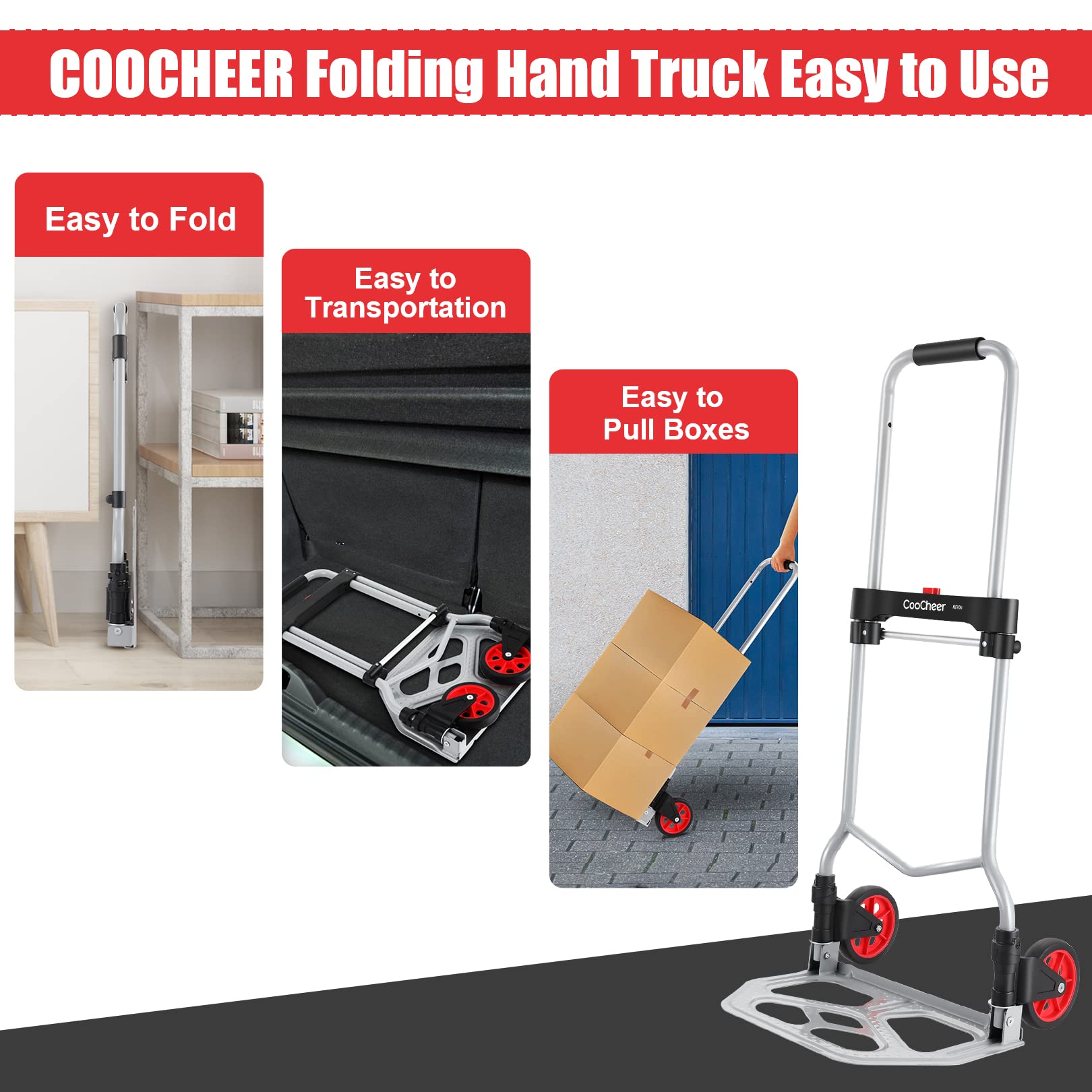 COOCHEER 265LB Capacity Folding Hand Truck Dolly - 2 Wheel Foldable Dolly Cart, Collapsible Aluminum Luggage Cart, Moving Trolley with Wheels, Silver