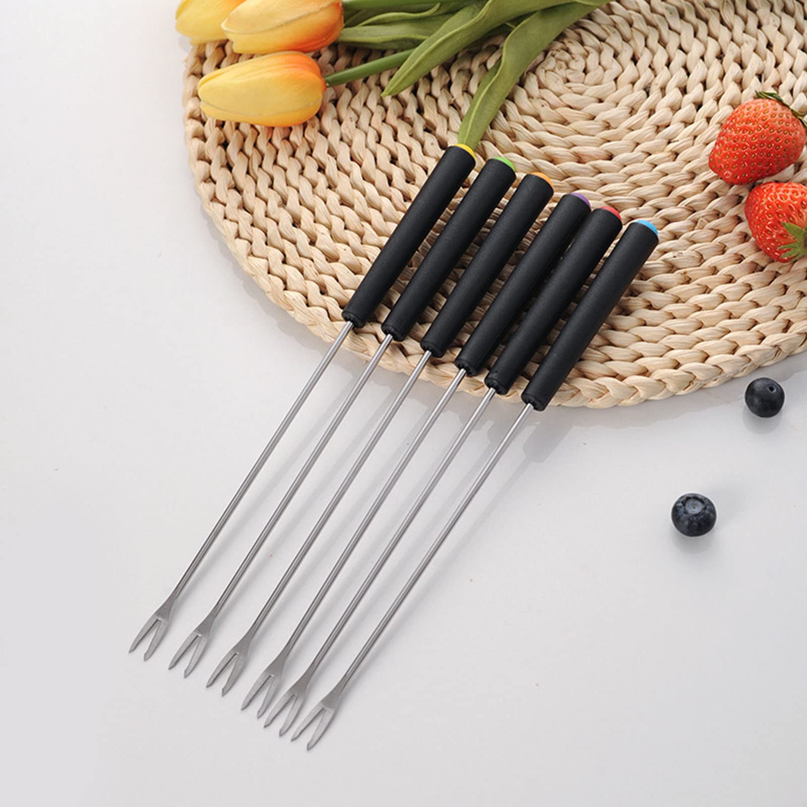 Stainless Steel Fondue Forks, Set of 6 Cheese Forks with Heat Resistant Color Handle for Chocolate Fountain Roast, 9.1"