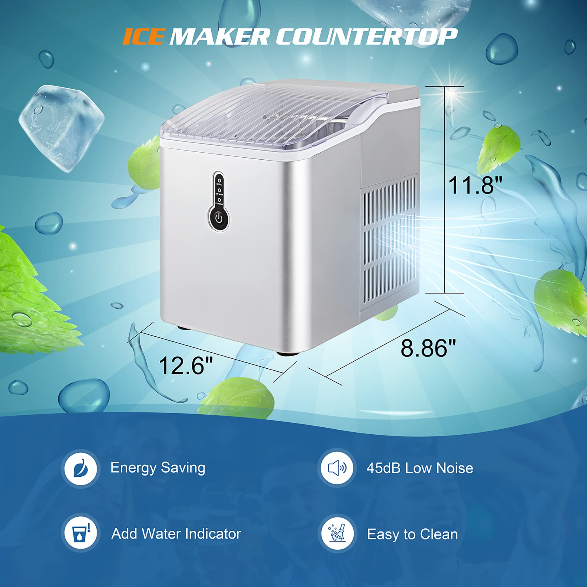 Electactic Ice Maker Countertop, Efficient Easy Carry Ice Maker, Self-Cleaning Ice Maker with Ice Scoop & Basket, 9pcs/ 8mins 26.6Lbs Per Day for Home/Office/Kitchen, Silver (Z3912)